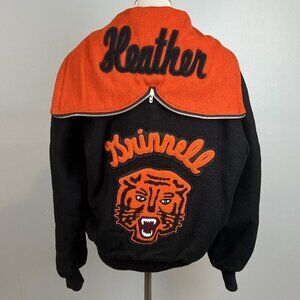 Vtg Varsity Letter Jacket Tiger Patch G Grinnell Black Orange 90s Womens